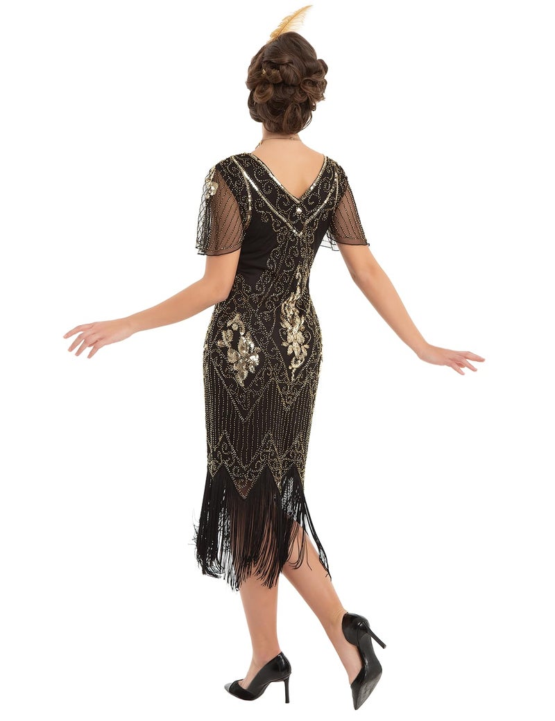 PrettyGuide Women's Flapper Dress Sequin Fringed Cocktail Gatsby Dress with Sleeve M Gold - Image 4